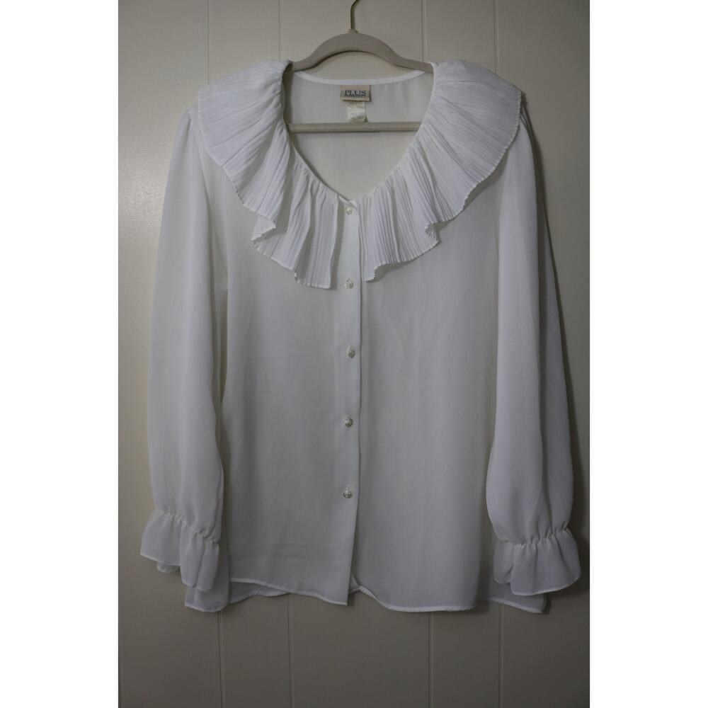 PLUS Vintage White Sheer Ruffle Collar Long-Sleeve Blouse 20/40 shoulder pads